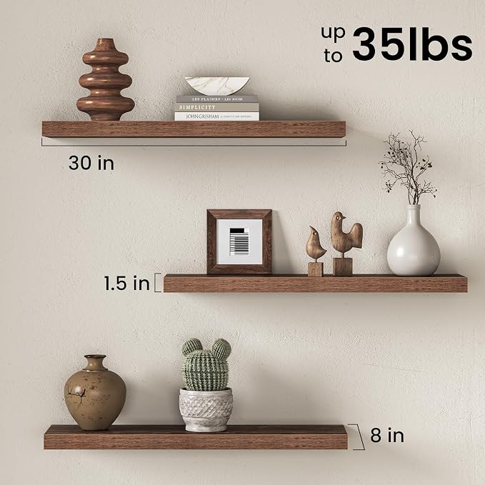 30" Floating Shelves for Wall, Set of 3, 8" Deep, 1.5" Thick, Brown | Rustic Wood Wall Shelves with Invisible Brackets, Storage and Display for Bathroom, Bedroom, Living Room or Kitchen