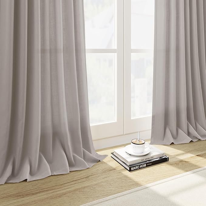 Nanspring Stone Grey Linen Curtains 102 Inches Long for Living Room Simple Modern Light Filtering Semi Sheer Curtain Back Tab and Rod Pocket Neutral Luxury Drapes for Bedroom Office 52x102, 2 Panels
