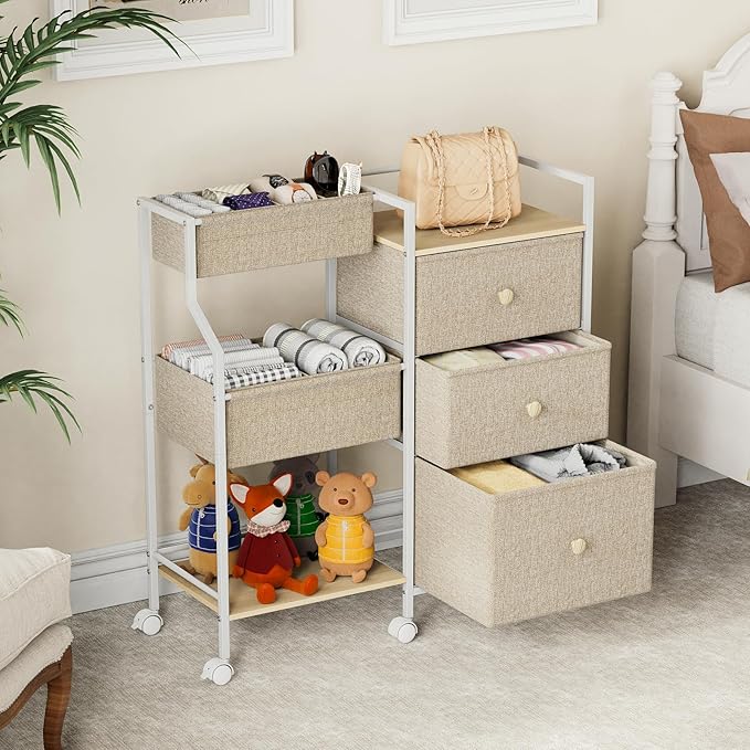 Modanais Baby Organizer and Storage - 3 Tier Rolling Cart with Dividers and Drawers, Easy To Assemble, Mobile Utility Cart with Wheels for Nursery, Bedroom, Changing Table & Crib,Off White