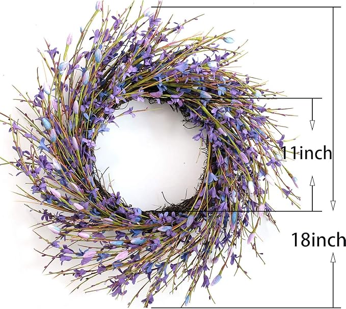 Bibelot 18inch Artificial Forsythia Flower Wreath, All Year Around Wreath for Front Door, Wedding Window Home Wall Indoor Front Door Decor (Purple, 18in)