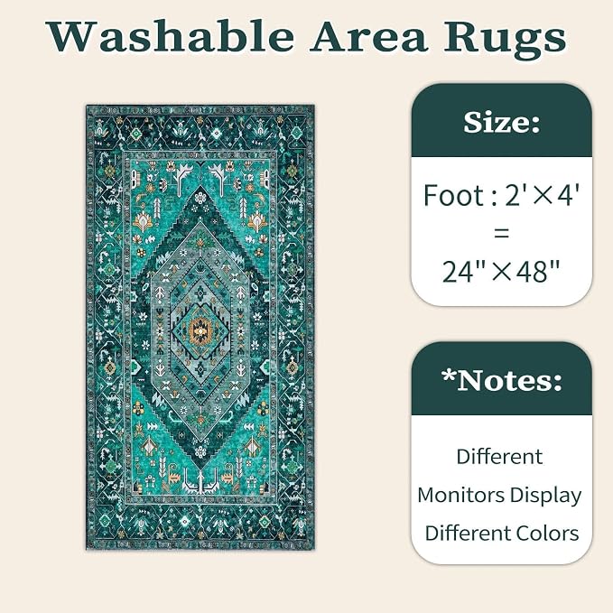 SERISSA 2x4 Boho Rugs for Entryway, Washable Non-Slip Kitchen Runner Rug, Ultra Soft Small Area Rug Vintage Teal Low-Pile Door Mat Indoor Entrance Carpet for Bedroom Hallway Laundry Room Bathroom