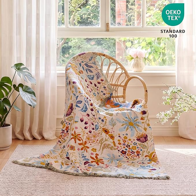 MSGKV Boho Throw Blanket for Bed 100% Cotton Floral Twin Size Couch Blanket 60"x80" Muslin Summer Breathable Lightweight Farmhouse Blankets All Seasons