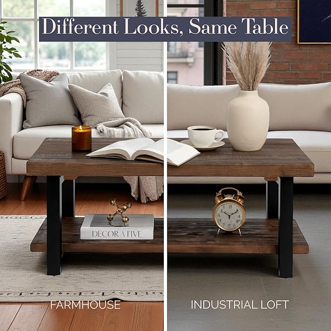 Alaterre Furniture Pomona Rustic Coffee Table with Storage Shelf - 42-Inch Industrial Modern Metal and Solid Wood Living Room Table - Easy Assembly Farmhouse Living Room Furniture (Rustic Natural) | Rectangular Center Table with Storage Shelf and Metal...