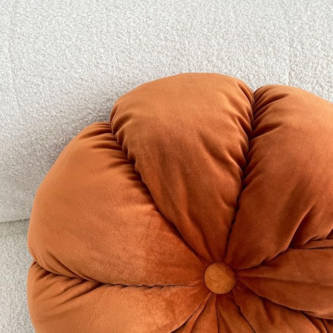 MOJUN Round Velvet Pillow Pumpkin Pleated Cushion Throw Pillow Home Decorative for Couch Chair Bed Car (Dark Orange, 17.7 inch)