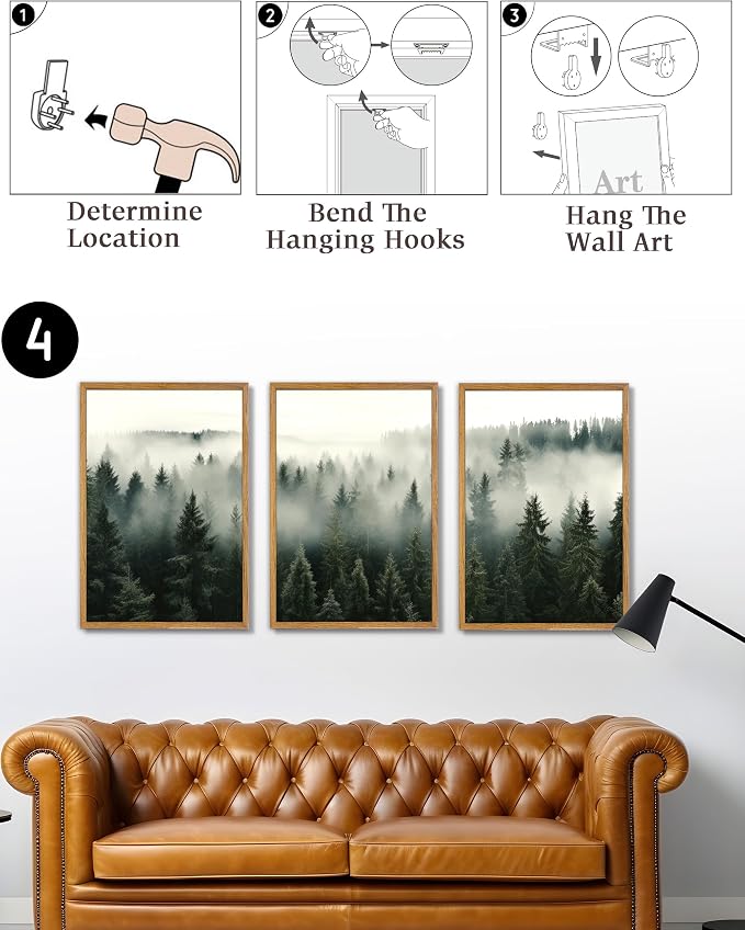 UPWOIGH Foggy Forest Framed Wall Art, 16 x 24 Inch, Set of 3 | Misty Evergreen Forest Triptych Prints, Moody Nature Design, Warm Wood Frames for Bedroom, Office and Living Room