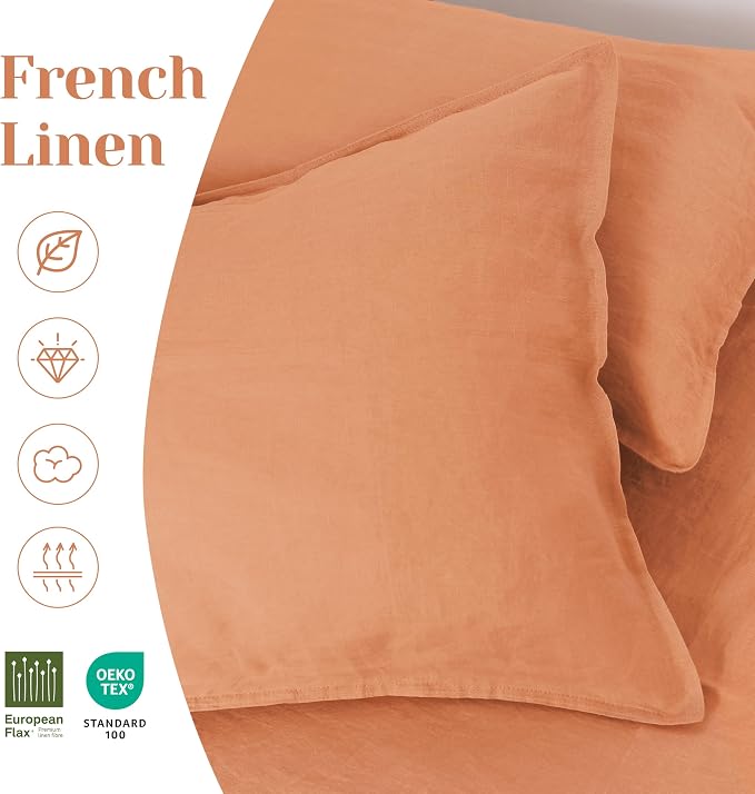 Linen World Natural Linen Pillow Cases - Set of 2 Moisture-Absorbing 100% French Linen Pillow Shams,King Size (20''x40''),Stone Washed,Pastel Peach