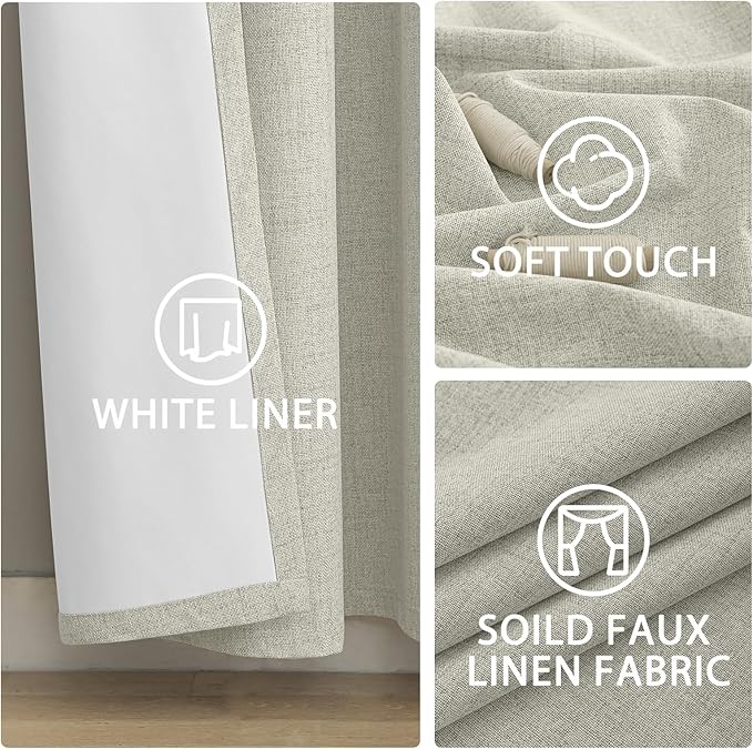 Yakamok Cream Linen Curtains 100% Blackout 63 Inches Long,Room Darkening Textured Curtains for Living Room Thermal Grommet Bedroom Curtain 2 Panels with Greyish White Liner