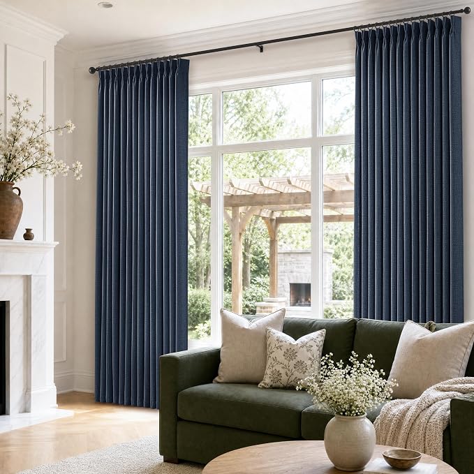 120 Inches Navy Pinch Pleated Curtains for Living Room Linen Textured Memory Trained Light Filtering Sheer Drapes with Hooks Rings Modern Dark Blue High Ceiling Curtains for Living Room 2 Panels