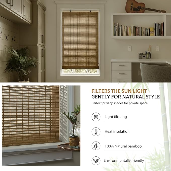 LazBlinds Cordless Bamboo Blinds, 23"x72", Squirrel | Bamboo Roll Up Shades for Windows, Light Filtering Hanging Window Blinds, Bamboo Shades for Patio Indoor/Outdoor Porch