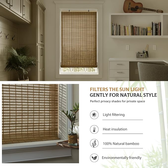 LazBlinds Cordless Bamboo Blinds, 42"x64", Squirrel | Bamboo Roll Up Shades for Windows, Light Filtering Hanging Window Blinds, Bamboo Shades for Patio Indoor/Outdoor Porch