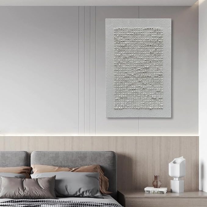 NANKAI Art Hand-Painted White Three-Dimensional Grid Texture Art, Modern Abstract Oil Painting, Minimalist Home Wall Decoration Art 45x30 inches