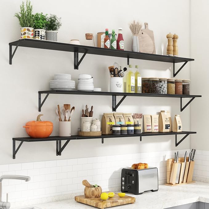 Acovy Floating Shelves with Black Metal Brackets Set of 2,30" Wx8 D Wall Mounted Shelves Floating Bookshelf,Hanging Storage Shelf for Living Room,Bedroom,Bathroom,Office,Black