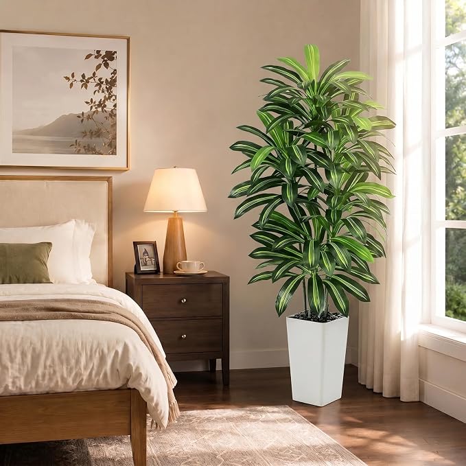 Artificial Dracaena Tree - 5FT Tall Fake Plants with White Tall Planter - Artificial Plants Indoor Floor Plant in Pot - Large Tropical Fake Yucca Potted Tree for Home Office Living Room Decor