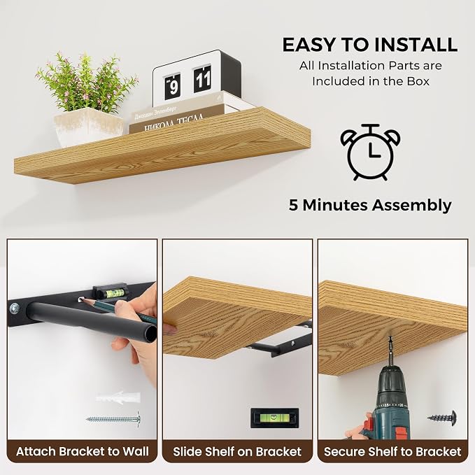 Dreamland 16" Floating Shelves 6.7" Deep Wall Mounted Set of 2 | Wall shelves for bathroom, bedroom, Living Room, kitchen, deep wall mount wood storage display for home decor 16" x 6.7"