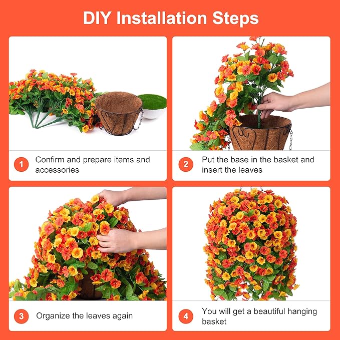 INXUGAO Artificial Flowers with Hanging Basket, Outdoor Faux Plants Silk Morning Glory Vines, Fake Green Arrangement for Garden Patio Spring Summer Decor(4pcs,Orange)