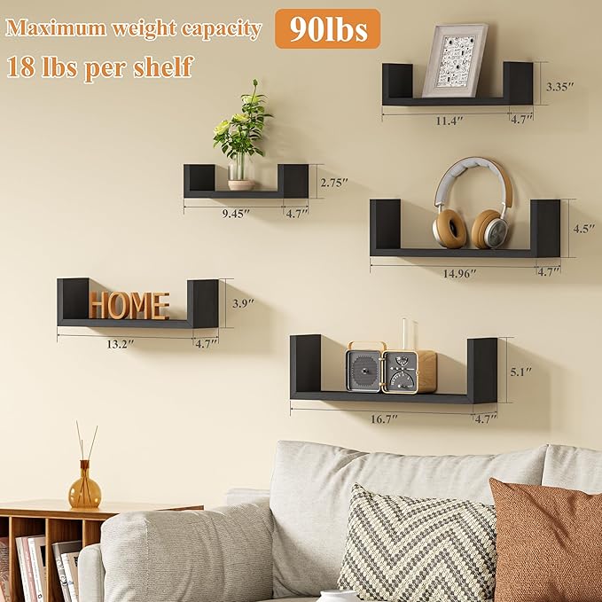 SRIWATANA Floating Shelves for Wall, Wall Shelves for Bathroom, Bedroom, Living Room, Kitchen, Office, Wood Shelves for Home Decor Set of 5 (Weathered Black)