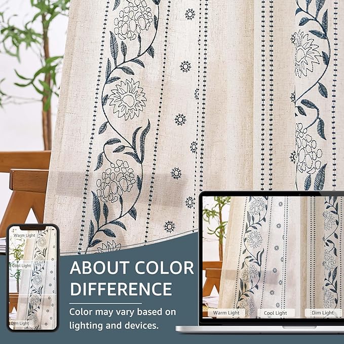 jinchan Winslow 96 Inch Curtains 4 Panel Set Embroidered Bordered Floral Curtains for Living Room Farmhouse Decor Light Filtering Window Treatments Blue on Beige Drapes 4 Panels