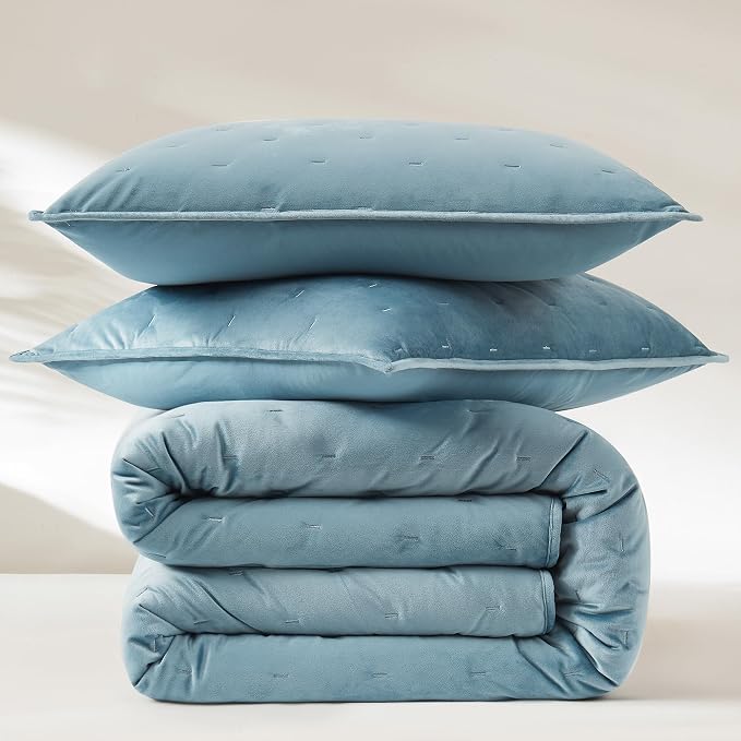 Lush Decor - Quilt Set, 3-Piece Cozy Velvet Bedding with Matching Shams, Embroidered Stitch Design (Haven Blue, King/California King)