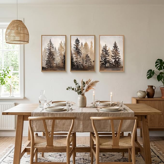 HPNIUB Foggy Forest Framed Wall Art Set, Abstract Misty Woodland Wall Decor,Rustic Neutral Pine Tree Farmhouse Art Print,Modern Nature Landscape Artwork for Living Room, Bedroom,Office-16''x24''x3