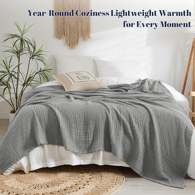 PHF 100% Cotton Muslin Blanket Queen Size 90"x90", 4-Layer Lightweight Gauze Throw, Breathable Cloud-Soft Minimalist Blanket for Bed, Couch, Camping & Baby, Grey, Ideal Gift