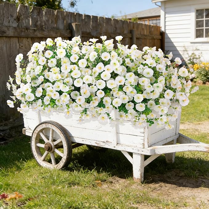 Hrobek Artificial Flowers for Outdoors, 12 Bundles Fake Plastic Petunias Flower Plant, Faux Colorful Silk Morning Glory for Outside Planter Garden Front Porch Door Spring Summer Decor,White