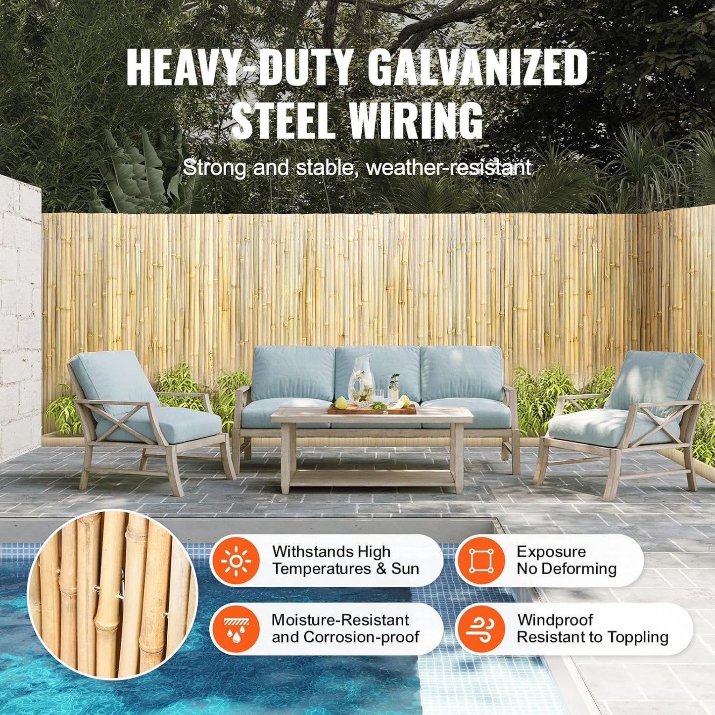 VEVOR Natural Rolled Bamboo Fence, Eco-Friendly Privacy Screen - 6 ft H x 8 ft L x 0.75 in D, Decorative for Garden, Backyard, Balcony, Patio, Pool Side