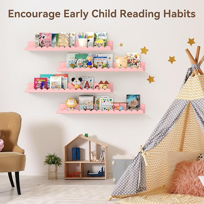 Floating Shelves for Wall, 23 Inch Metal Nursery Book Shelves 4 Pack, Wall Mounted Book Shelf for Kids Room, Bedroom, Bathroom, Playroom Decor (Pink)