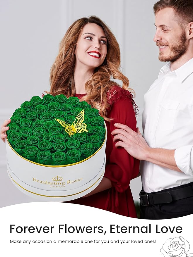 47 Preserved Roses Forever Flowers Real Roses in a Box Mother's Day Birthday Flowers for Her Mom Women Wife Valentine's Day, Green Roses