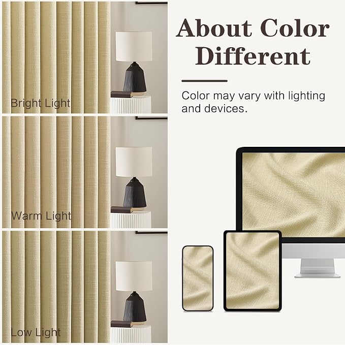 90 Inch Curtains Pinch Pleated Linen Curtain for Living Room, Tan Burlap Light Filtering Pleat Drapes Textured Thick Semi-Sheer Sliding Glass Door Curtains with Hooks for Bedroom Farmhouse 2 Panels