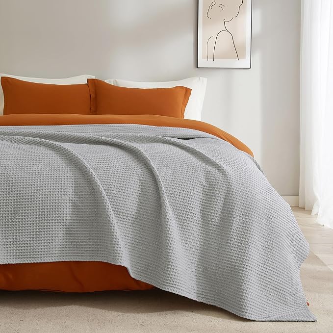 PHF Pre-Washed 100% Cotton Waffle Weave Blanket Queen Size for Bed,Snag Proof Throw Blanket for Couch Spring Summer Lightweight Breathable,Machine Washable, Home Decor Gift - Light Grey
