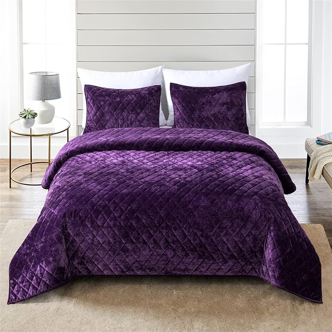 Fredsure Distressed Velvet Quilt Set, 3 Pieces Purple King, Distressed Velvet Face and Brushed Microfiber Reverse, with Diamond Quilting