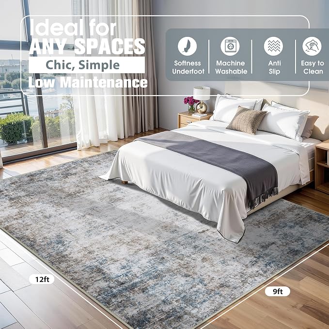 9x12 Area Rugs for Living Room Rug Washable: Abstract Large Rug for Dining Room Bedroom Carpet Non Slip 9 by 12 Indoor Modern Nursery Home Office White Brown Blue