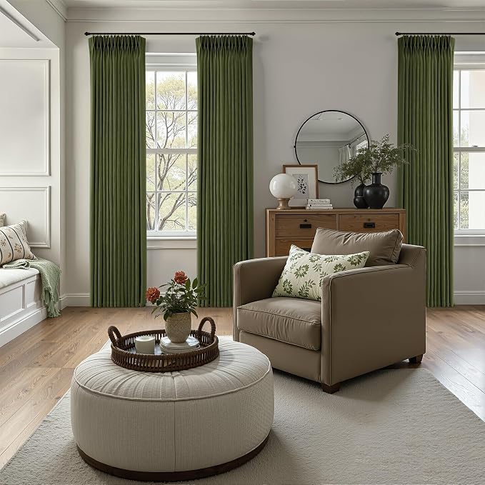 Olive Green Pleated Linen Curtains 96 Inches Long for Living Dining Room Bedroom Light Filtering Boho Window Drapes 2 Panels with Hooks Rings Clips Sliding Glass Door Semi Sheer Curtain Pinch Pleat