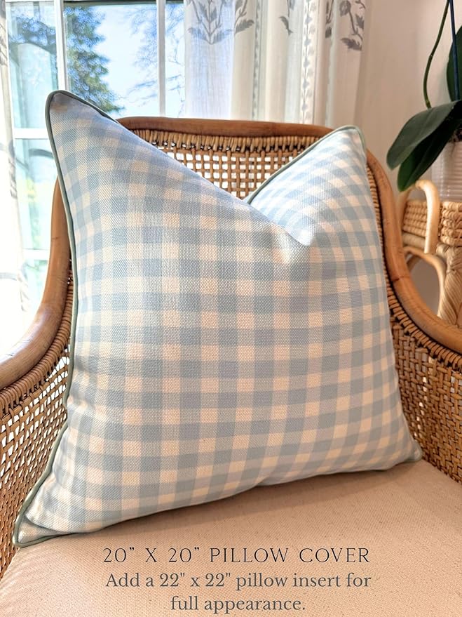 Jillien Harbor “The Charlie” Decorative Pillow Cover – Blue and White Accent Pillow Cover with Gingham-Inspired Design – Grandmillennial Home Decor, 20" x 20"
