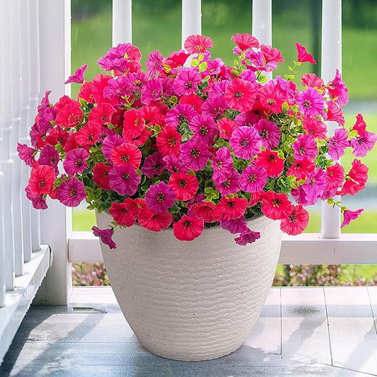 Hrobek Artificial Flowers for Outdoors, 12 Bundles Fake Plastic Flower Plant, Faux Colorful Silk Morning Glory Eucalyptus for Spring Summer Outside Garden Porch Front Door Decor, Hot Pink Purple