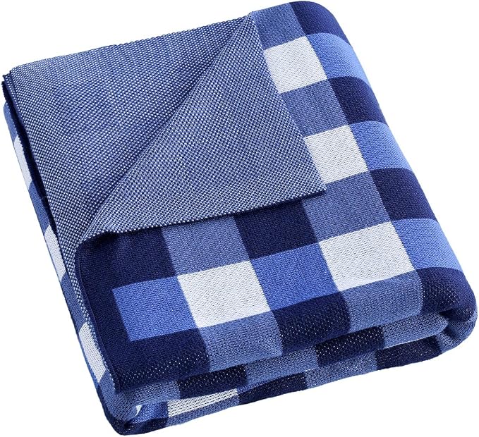 BOV Knit Checkered Throw Blanket - 100% Viscose Silky Super Soft Breathable Lightweight Decorative Throw Blanket for Chair Couch Sofa, Perfect Self Care Gifts for Women & Men, Cobalt Blue 50"x60"