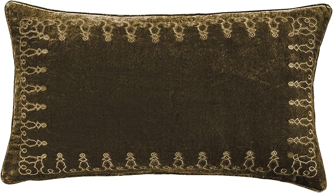 HiEnd Accents Stella Faux Silk Velvet Embroidered Lumbar Pillow, 14x24 inch, Green Ochre, Romantic Western Modern Traditional Style Luxury Bedding, Decorative Throw Pillow