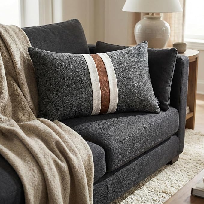 BOYSUM Set of 2 Leather Throw Pillow Covers Lumbar Cotton Linen Decor Patchwork Pillow Cover Faux Leather Pillows Cover for Couch Sofa Living Room Bedroom,Black 12"x20"