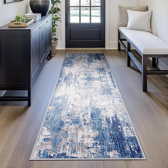 RELEANY Washable Area Rugs 2'x8' Non-Slip Modern Abstract Soft for Living Room Entryway Bedroom Nursery, Print Pattern, Blue Grey Navy Gray