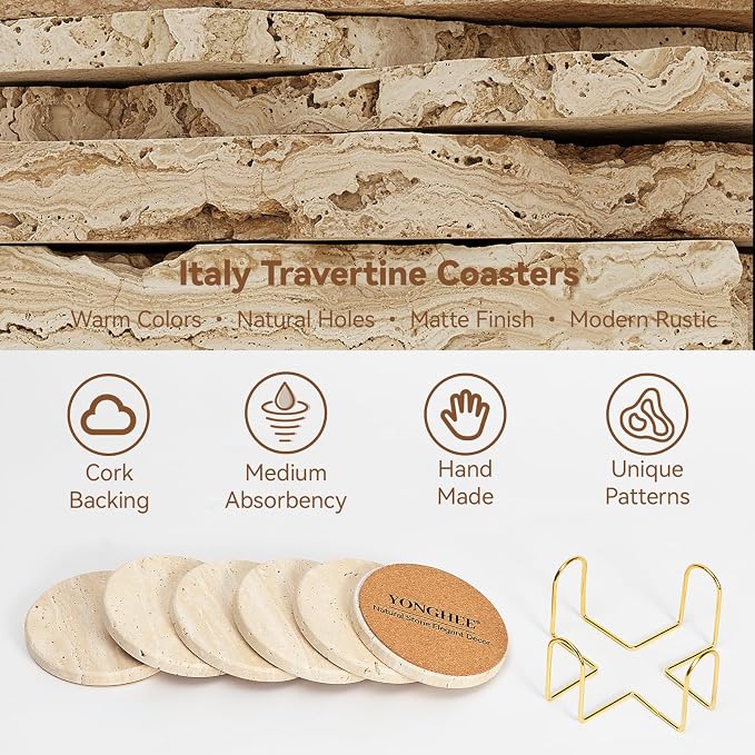 Set of 6 Travertine Marble Coasters with Holder, Elegant Rustic Farmhouse Table Accent, Neutral Warm Beige Stone Drink Coasters for Any Home Decor, Gift Boxed for Housewarming Wedding Hostess