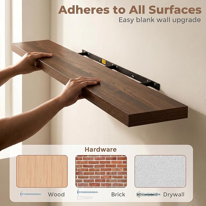 Venusmiles Floating Shelves for Wall, 55 Inch Floating Shelves Set of 2, 6.5" D Wooden Wall Mounted Display Shelves with Invisible Brackets for Living Room, Bedroom, Bathroom, Kitchen Decor, Walnut