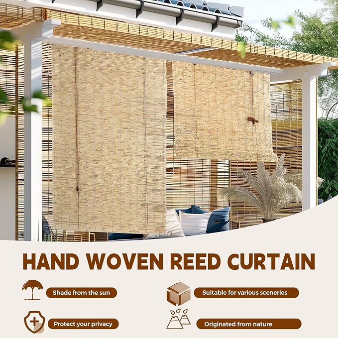 Reed Roller Blinds Shades, Vertical Lifting and Breathable Waterproof Design, Sun Shade and Ventilation, Easy Installation,72" Wx72 H
