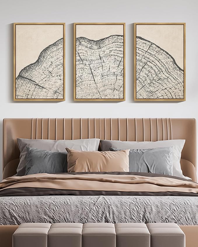 PHOPAGO Farmhouse Vintage Framed Wall Art Large 16x24in Set Gray Wood Tree Ring Spirals Nature Abstract Drawings Rustic Modern Art Decor for Living Room Bedroom - Natural Framed
