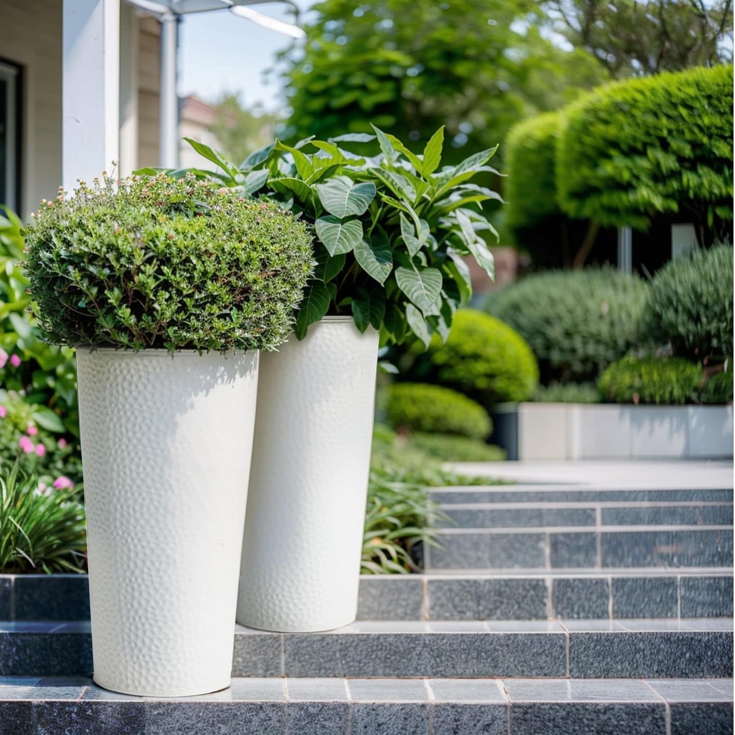 KOL 28" H. Tall Metal Cone Planters with Inner Pots 2-Pack, White Hand-Hammered Large Decor Planter for Deck, Patio, Porch - Handcrafted Flower Pot - with Water Level Indicator - Indoor Outdoor Use