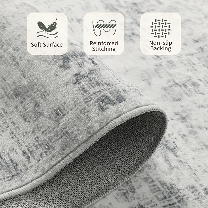 Rugxara 5x7 Area Rugs for Living Room Bedroom, Grey Washable Rug, Vintage Abstract Boho Rug, Non Slip & Low Pile Faux Wool Carpet for Indoor Dining Room and Farmhouse(Grey 5x7ft)