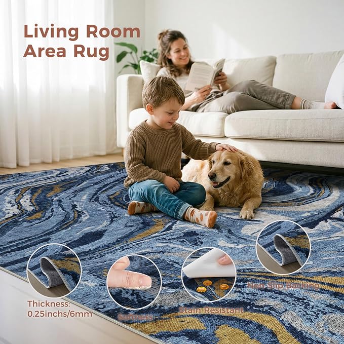 DMOYEST 5x7 Area Rug for Living Room - Washable Neutral Modern Abstract Rugs Soft Non-Slip Carpet Low Pile Indoor Floor Mat for Bedroom & Dining Room Decor for Families with Kids and Pets - Dark Blue