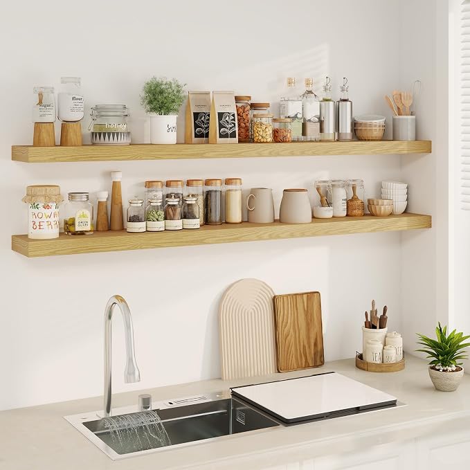 Fun Memories 66 Inch Fireplace Mantel - Long Floating Shelf, Wall Mounted Farmhouse Display with Invisible Heavy Duty Metal Bracket, Oak, 2 Pack