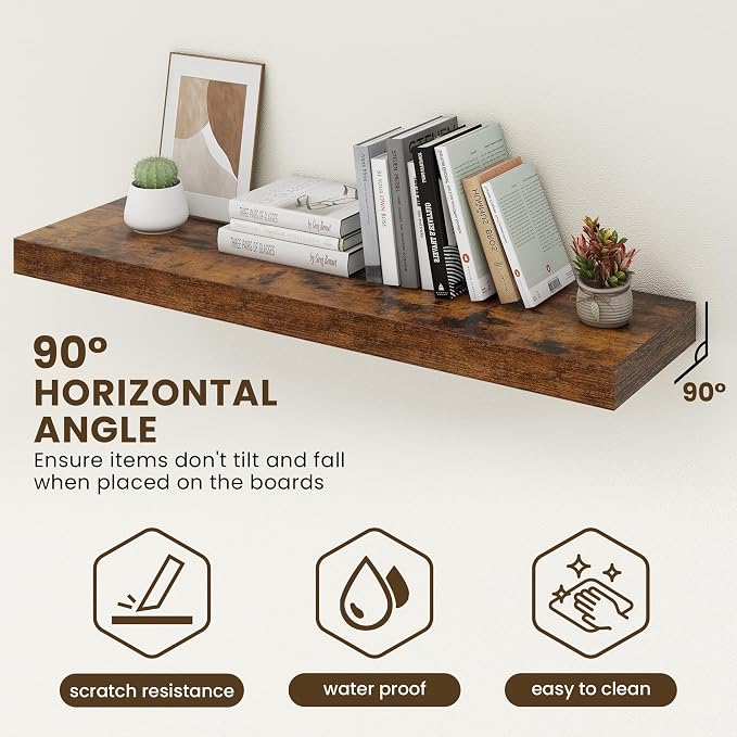 FLYJOE 48 Inch Floating Shelves | 12 Inch Deep Floating Shelves Set of 2 | 48" W x 12" D Rustic Brown Wood Wall Shelves for Bathroom Living Room Kitchen Laundry Room