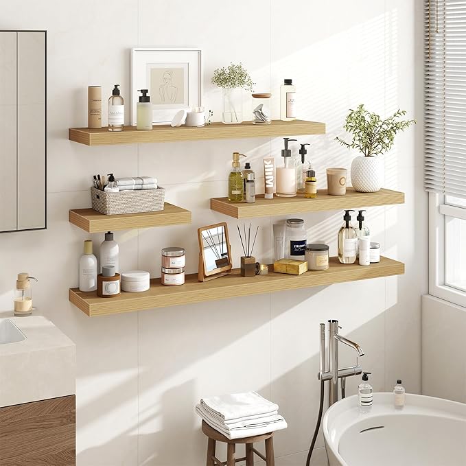 Acovy 24 Inch Floating Shelves, 3D Textured Wood Grain, 24"x9.25"x1.5" Inch Deep Floating Shelves for Wall, Wooden Shelves for Bathroom, Bedroom, Living Room, Natural, 2 Pieces