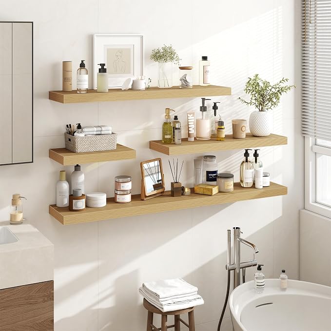 Acovy 32 Inch Floating Shelves, 3D Textured Wood Grain, 32"x9.25"x1.5" Inch Deep Floating Shelves for Wall, Wooden Shelves for Bathroom, Bedroom, Living Room, Natural, 2 Pieces